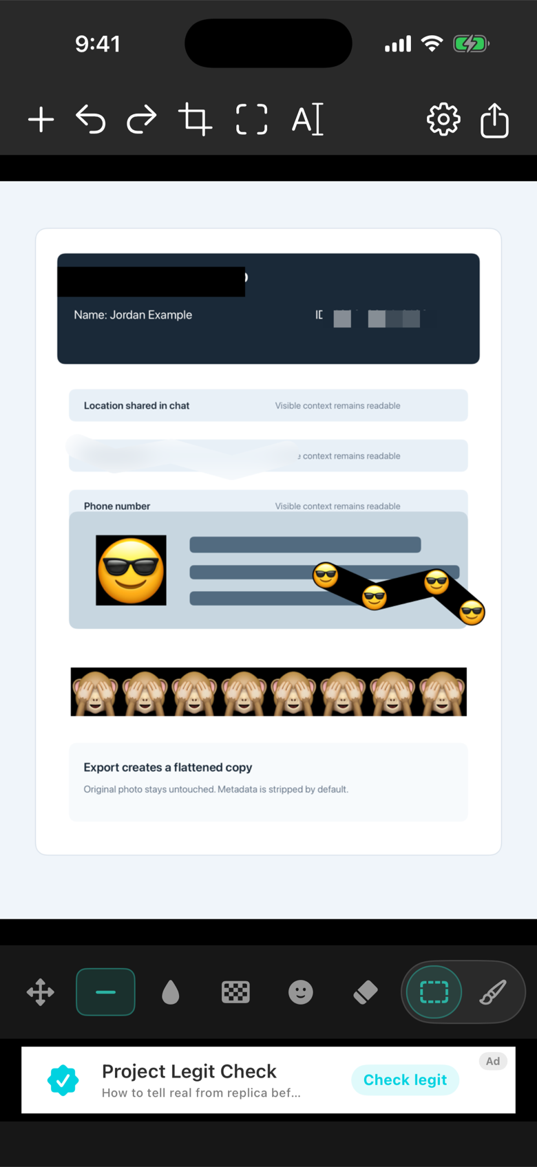 Veil editor censoring a document — black bars, blur, and emoji covers over private details